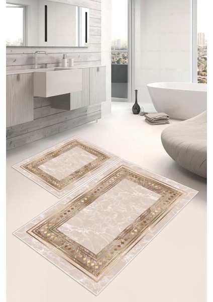 Dijital Baskı Kaymaz Taban Çerçeveli 2li Set Banyo Paspası Klozet Takımı (50x60cm-60x100cm)