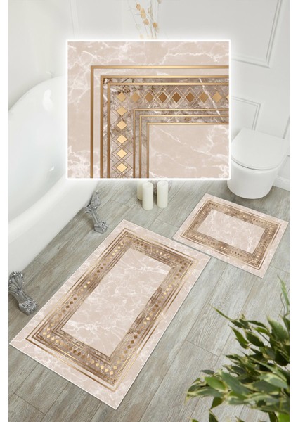 Dijital Baskı Kaymaz Taban Çerçeveli 2li Set Banyo Paspası Klozet Takımı (50x60cm-60x100cm) modelleri