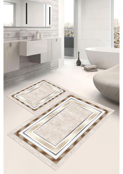 Dijital Baskı Çerçeve Desenli Kaymaz Taban 2li Set Banyo Paspası Klozet Takımı (50x60cm-60x100cm)