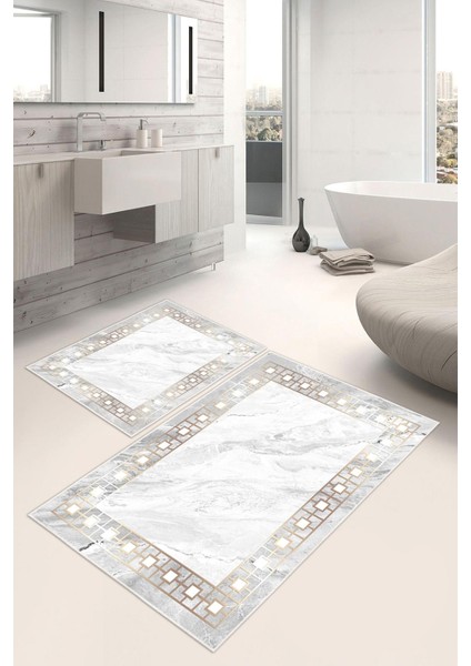 Dijital Baskı Klasik Çerçeveli Kaymaz Taban 2li Set Banyo Paspası Klozet Takımı (50x60cm-60x100cm)
