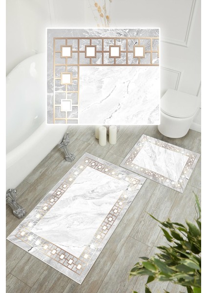 Dijital Baskı Klasik Çerçeveli Kaymaz Taban 2li Set Banyo Paspası Klozet Takımı (50x60cm-60x100cm) modelleri