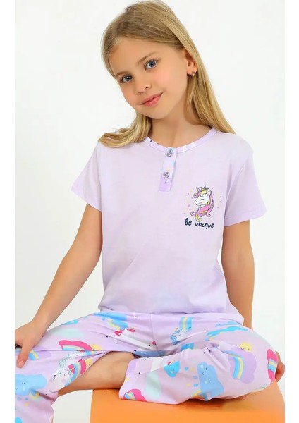 Minykids Unicorn Desen Lila Kısa Kollu %100 Pamuklu Kız Çocuk Pijama Takım