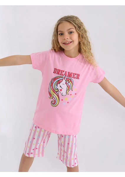 Minykids Unicorn Desen Pembe Kapri %100 Pamuklu Kız Çocuk Pijama Takım