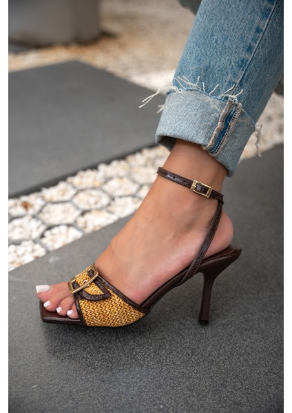Treador Acı Kahve Hasır Detay Tokalı Kadın Topuklu Ayakkabı modelleri