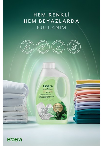 BioEra 3 Etkili, Leke Çıkarıcı, Renkli & Beyaz, Kalıcı Kokulu Sıvı Çamaşır Deterjanı 1500ml, 50 Yıkama modelleri