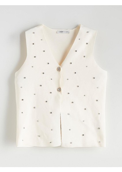 V Yaka Taşlı Kadın Triko Yelek (W5)