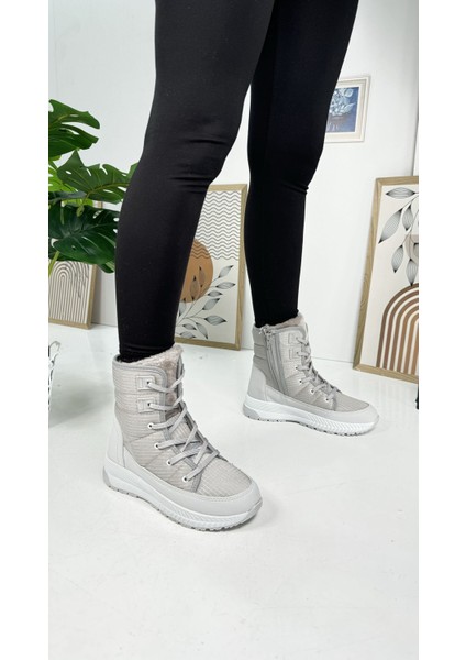 Günlük Kadın Kar Botu Kürklü Bağcıklı Fermuarlı Rahat Yüksek Kalın Tırtıklı Taban Bootie 815