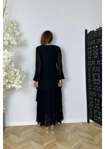 G1535 Eteği Katlı Kol Detaylı Şifon Elbise Siyah fırsatları