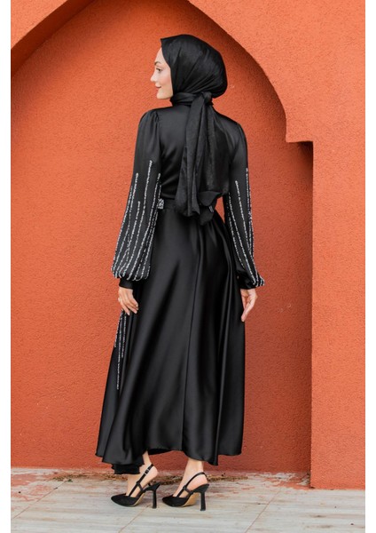 Eva Taşlı Saten Tesettür Abiye-Siyah indirimleri