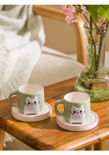 Karişik Kedi Baskılı 2 Kişilik Porselen Kahve Fincan Takımı 90 ml (W5)