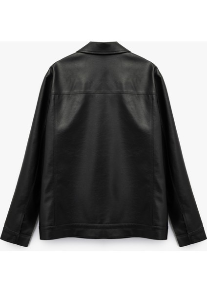 Klasik Yaka Kapaklı Cep Detaylı Uzun Kollu Slim Fit Suni Deri Ceket indirimleri