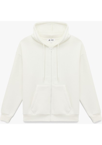 Şardonlu Arkası Baskılı Kanguru Cepli Kapüşonlu Fermuarlı Oversize Sweatshirt