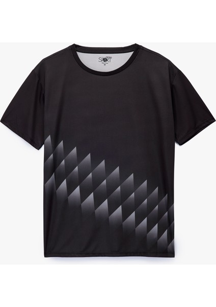 Rahat Kesim Kısa Kollu Desenli Bisiklet Yaka Spor Tişört