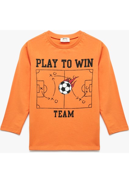Pamuklu Uzun Kollu Bisiklet Yaka Futbol Baskılı Tişört