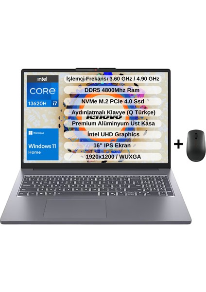 Ip Slim 3 Intel Core I7 13620H 40GB 1TB SSD 16" Wuxga IPS Windows 11 Home Taşınabilir Bilgisayar 83K2001WTR - Lenovo Mouse WZ26