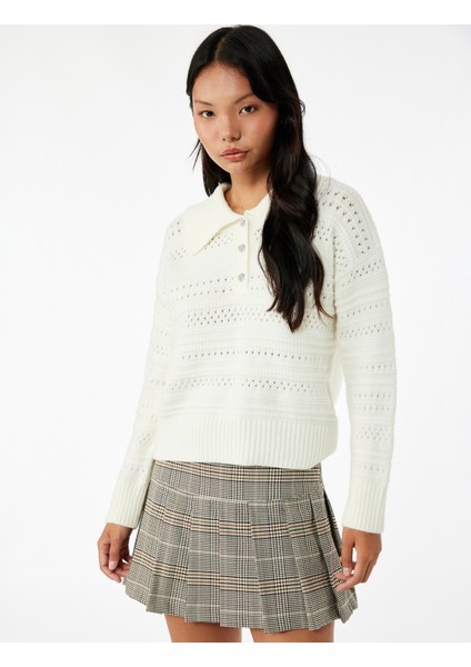 Ajurlu Uzun Kollu Taşlı Düğmeli Polo Yaka Triko Kazak