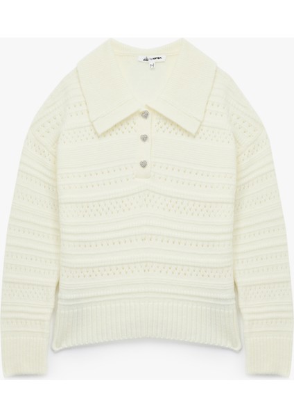 Ajurlu Uzun Kollu Taşlı Düğmeli Polo Yaka Triko Kazak modelleri