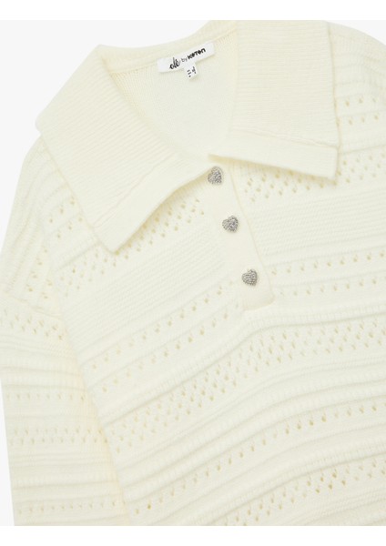 Ajurlu Uzun Kollu Taşlı Düğmeli Polo Yaka Triko Kazak indirimleri