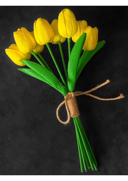 Sarı Islak Görünümlü 8'li Yapay Lale Demeti 30 cm – Ev ve Ofis Dekorasyonu için Gerçekçi ve Şık Tasarım
