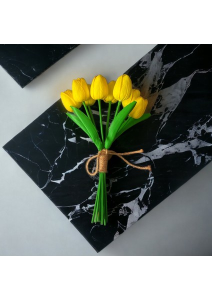 Sarı Islak Görünümlü 8'li Yapay Lale Demeti 30 cm – Ev ve Ofis Dekorasyonu için Gerçekçi ve Şık Tasarım