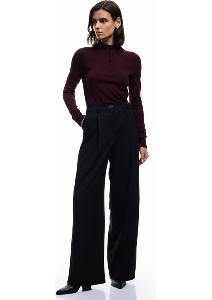 Hafif Dik Yaka Yarım Düğme Detaylı Uzun Kollu Triko Basic Kazak fiyatları