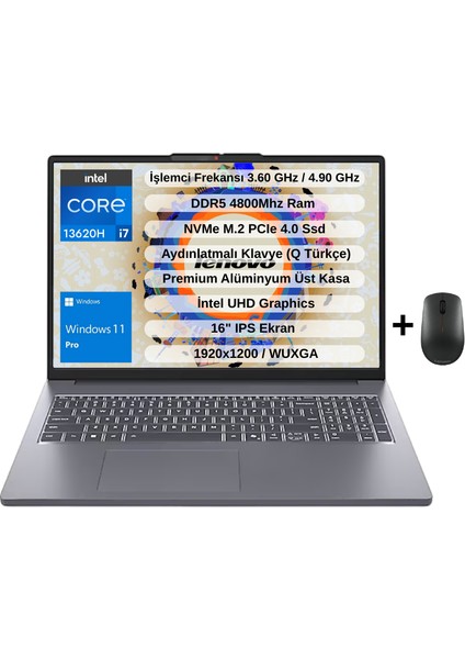 Ip Slim 3 Intel Core I7 13620H 24GB 1TB SSD 16" Wuxga IPS Windows 11 Pro Taşınabilir Bilgisayar 83K2001WTR - Lenovo Mouse WZ32