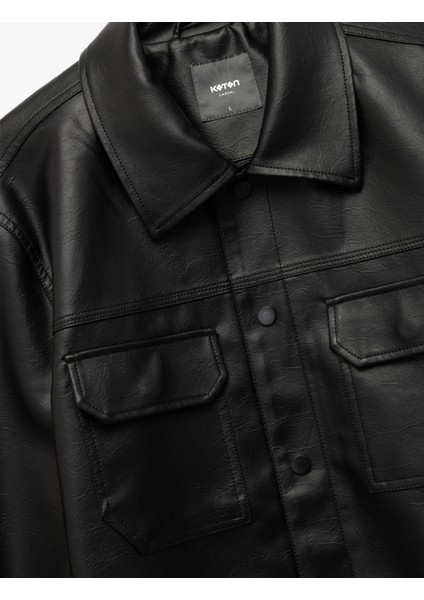 Klasik Yaka Kapaklı Cep Detaylı Uzun Kollu Slim Fit Suni Deri Ceket