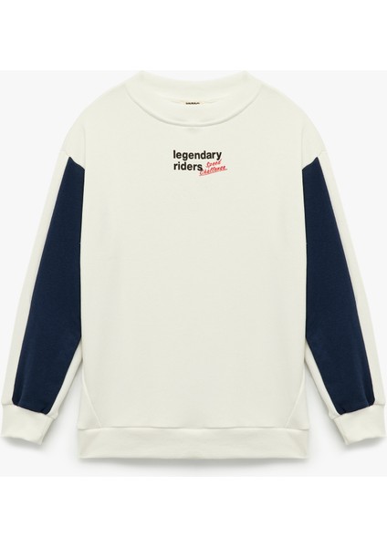 Şardonlu Renk Kontrastlı Uzun Kollu Bisiklet Yaka Baskılı Oversize Sweatshirt