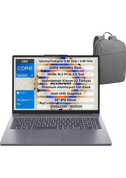 Ip Slim 3 Intel Core I7 13620H 16GB 1TB SSD 16" Wuxga IPS Windows 11 Pro Taşınabilir Bilgisayar 83K2001WTR - Lenovo Çanta WZ11