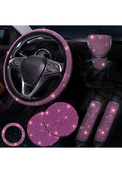 7 Adet/takım Parlak Yapay Elmaslı Araba Direksiyon Simidi Emniyet Kemeri Vites Kolu Kapağı Bardak Altlığı Çalıştırma Düğmesi Halkası Seti-Gül (Yurt Dışından)