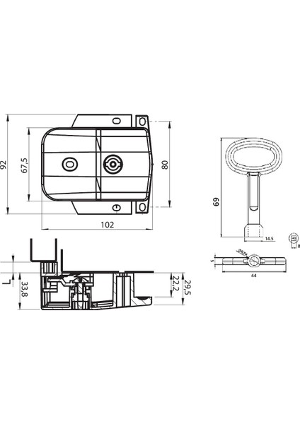 Ab Tasarım Yüzey Montaj Hava Santral Kabin Ağır Panel Kilit - Metal Gövde (+ Alu. Kare 8. Anahtar)