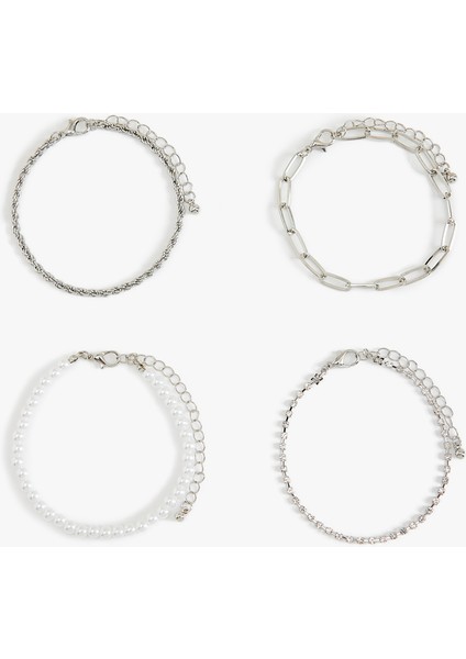 Taşlı Inci Detaylı 4'lü Zincir Bileklik Seti