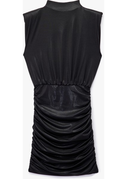 Simli Dik Yaka Kolsuz Drape Detaylı Bodycon Mini Abiye Elbise