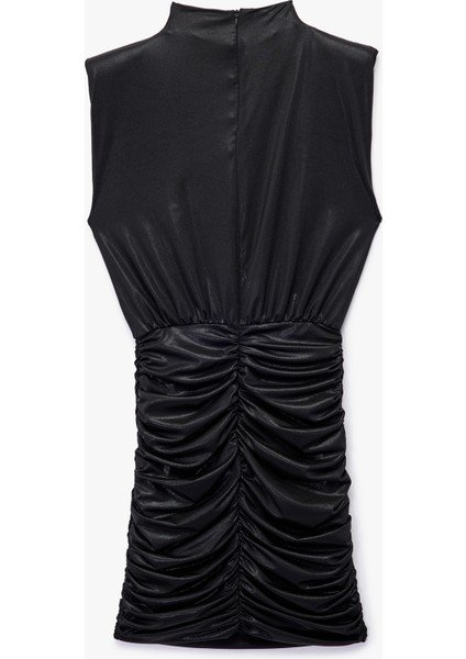 Simli Dik Yaka Kolsuz Drape Detaylı Bodycon Mini Abiye Elbise fiyatları