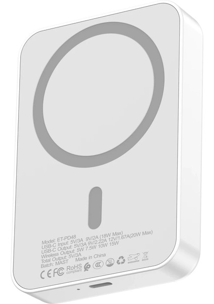 PD48 10.000 Mah 15W Kablosuz Şarj ve 20W Type-C Çıkışlı Pd Hızlı Şarj Powerbank - Beyaz