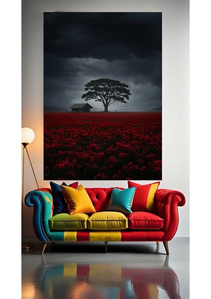 Kırmızı Çiçekler Manzara V1 Ev Duvar Salon Güzellik Salonu Ofis Dükkan Dekarasyon Kanvas Tablo