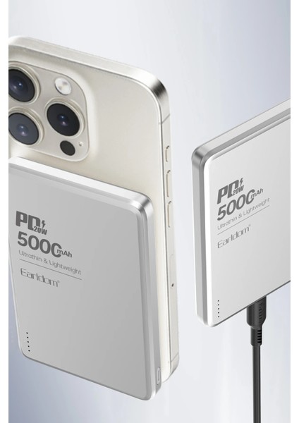 PD53 5.000 mAh 15W Kablosuz + 20W Type-C PD Powerbank | MagSafe Uyumlu, Gümüş modelleri