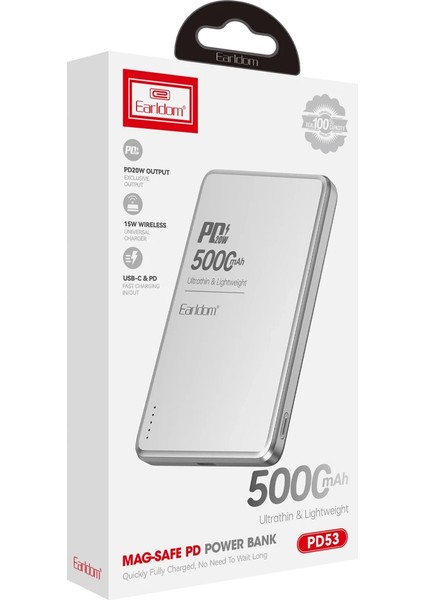 PD53 5.000 mAh 15W Kablosuz + 20W Type-C PD Powerbank | MagSafe Uyumlu, Gümüş