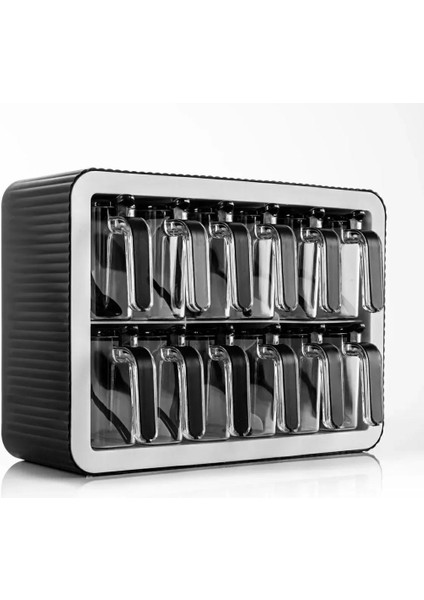 Dekoratif Stand Baharatlık 12 Li Kaşıklı Kapaklı Baharatlık Takımı - Siyah Beyaz