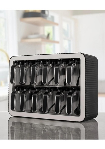 Dekoratif Stand Baharatlık 12 Li Kaşıklı Kapaklı Baharatlık Takımı - Siyah Beyaz fiyatları