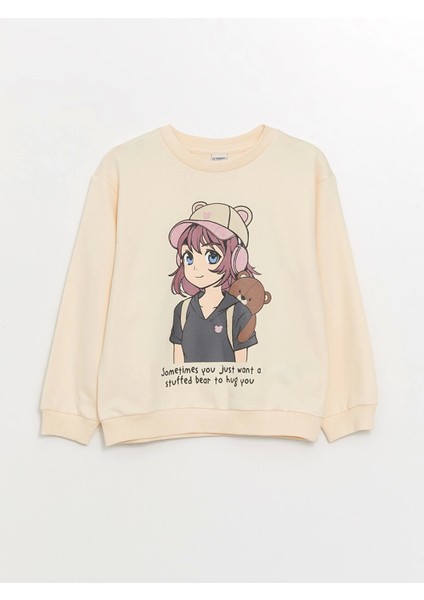 Lcw Kids Bej Bisiklet Yaka Uzun Kollu Baskılı Kız Çocuk Sweatshirt