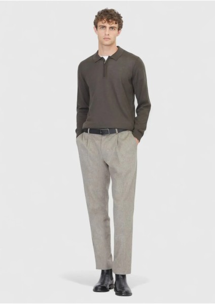 Haki Polo Yaka Düz Örgü Yün Karışımlı Triko Kazak fiyatları