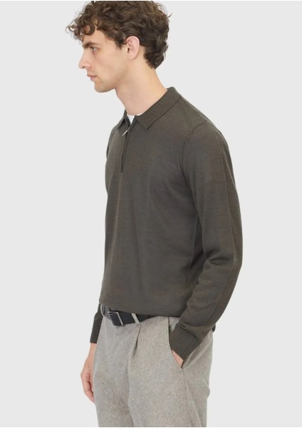 Haki Polo Yaka Düz Örgü Yün Karışımlı Triko Kazak modelleri