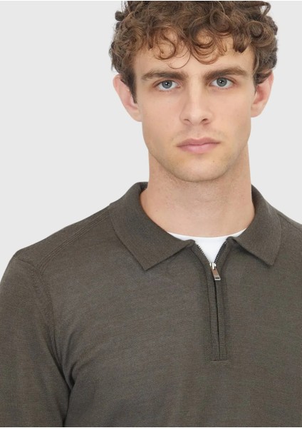 Haki Polo Yaka Düz Örgü Yün Karışımlı Triko Kazak fırsatları