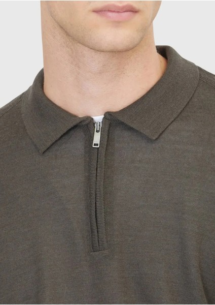 Haki Polo Yaka Düz Örgü Yün Karışımlı Triko Kazak indirimleri
