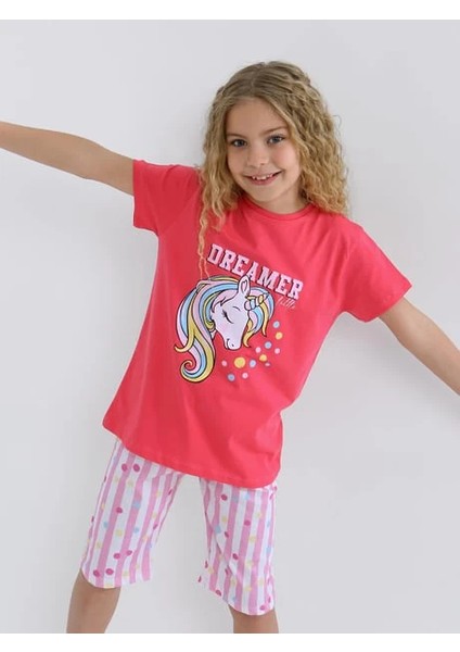 Minykids Unicorn Desen Koyu Pembe Kapri %100 Pamuklu Kız Çocuk Pijama Takım