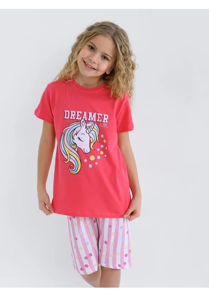 Minykids Unicorn Desen Koyu Pembe Kapri %100 Pamuklu Kız Çocuk Pijama Takım modelleri