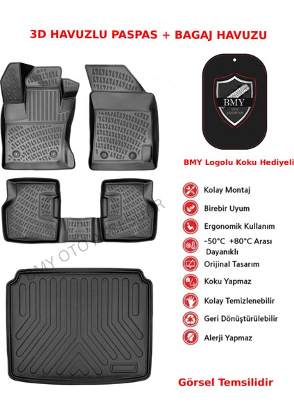 Citroen C3 Aircross 2025 Sonrası Hybrid (Sabit Zemin) 3D Araca Özel Paspas ve Bagaj Havuzu Set Bmy