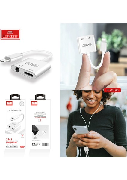 OT46 2‑in‑1 Lightning → Type‑C & AUX Adaptör – Tak‑Çalıştır, Ses + Şarj / Veri Destekli