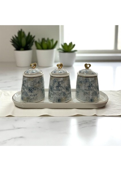 Maisone 3’lü Işlemeli Porselen Kavanoz Baharatlık Seti – Standlı Kapaklı Saklama Kabı